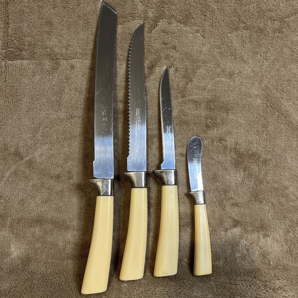 Vintage 4pc Regent Sheffield England Stainless Steel Knife Set Cream Handles MCM